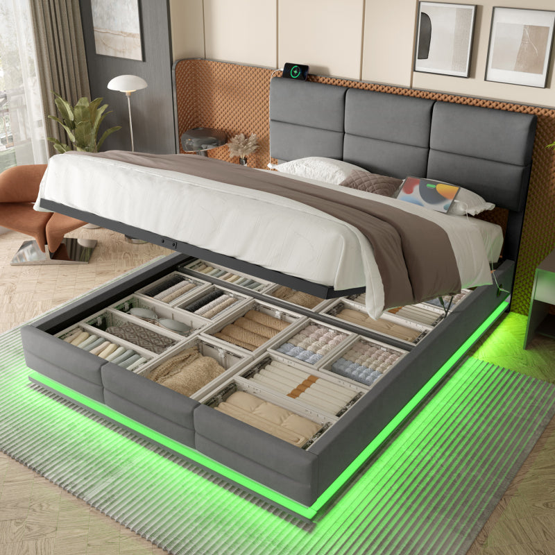 160 x 200 cm Bettgestell aus weichem Samt mit USB Type C Ladefunktion und LED Beleuchtung, Hydrauliksystem Stauraum Bettgestell aus Samtmaterial Jugendbett mit Lattenrost, Grau