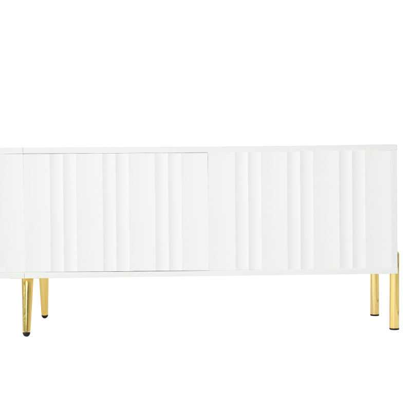 Weißes TV-Schrank, 190 cm lang x 38 cm breit x 48 cm hoch, goldene Tischbeine, gerilltes Türdesign