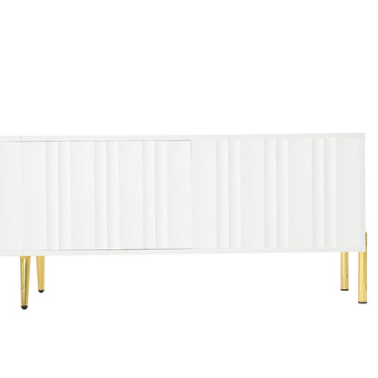 Weißes TV-Schrank, 190 cm lang x 38 cm breit x 48 cm hoch, goldene Tischbeine, gerilltes Türdesign