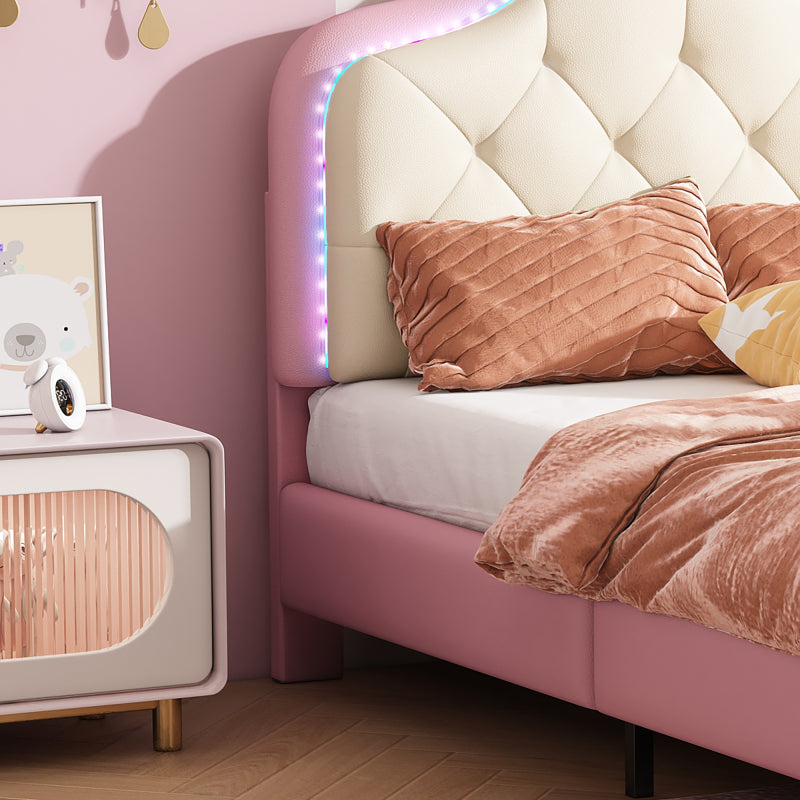 Polsterbett, Einzelbett, Wellenform mit Zugpunkt am Kopfende des Bettes, rosa Schleife, mit mehrfarbigen, wechselnden LED-Streifen, Kinderbett mit Holzlatten, Einzelbett, PU, rosa Bettrahmen, 90x200cm