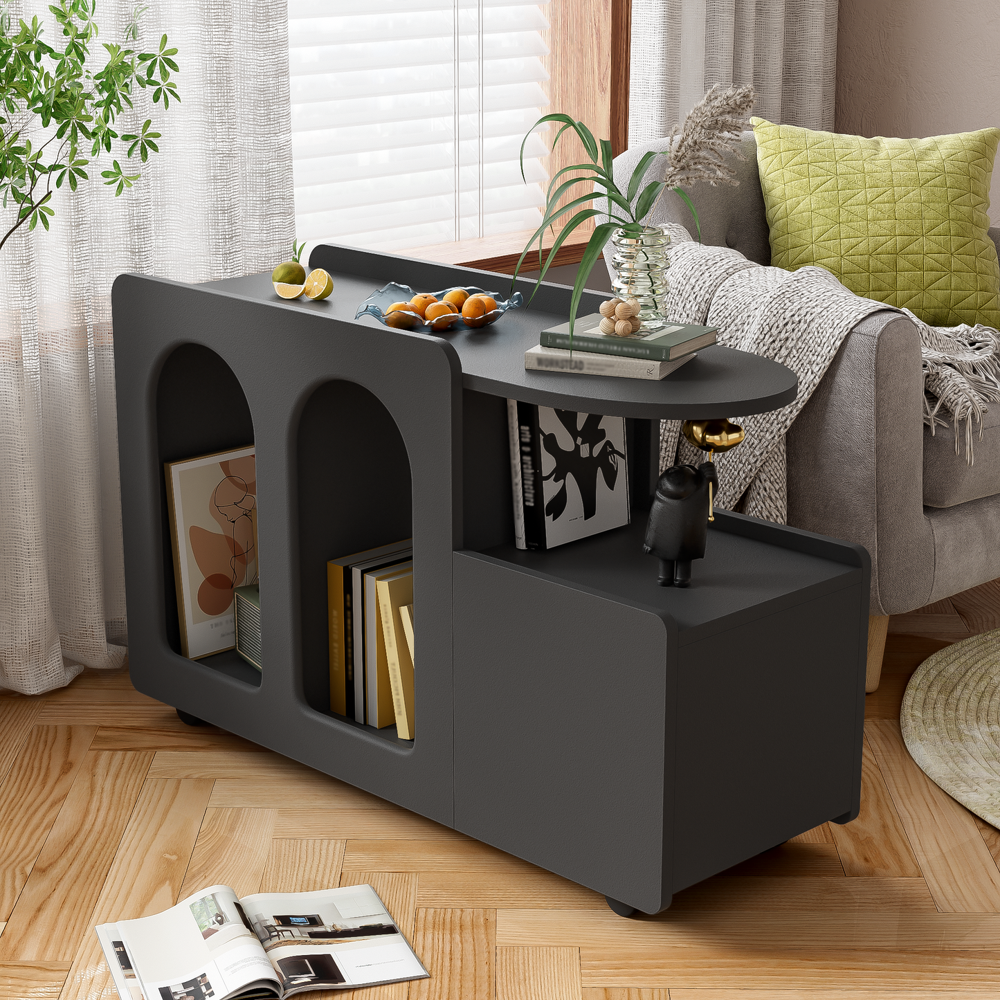Beistellschrank mit Rollen, vielseitiger Aufbewahrungswagen für Wohnzimmer, Esszimmer und Schlafzimmer, Schwarz