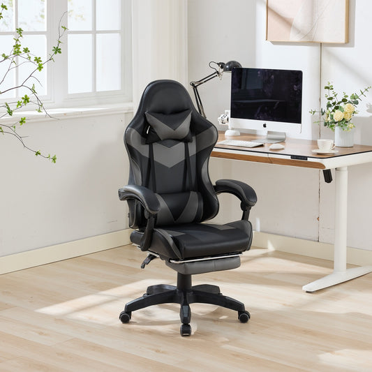 Gaming Stuhl Racing Design, 155° Liegefunktion, Fußstütze, Lendenmassage, Schwarz-Grau