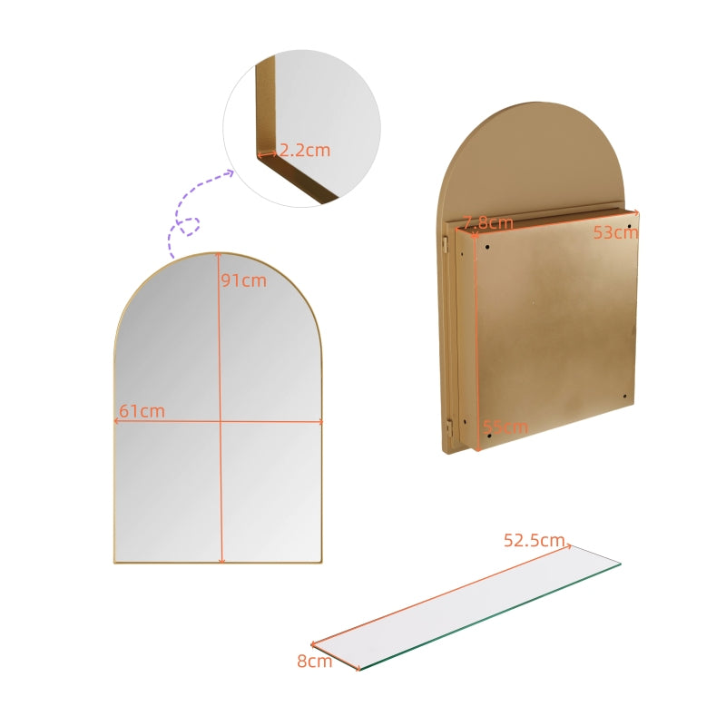 Stylish Arched Mirror Cabinet, Recessed Medicine Cabinet, Wall Cabinet with Metal Framed, Mirror and Adjustable Shelves, Mirror Cabinet with Storage for Bathroom, Living Room and Bedroom, Gold