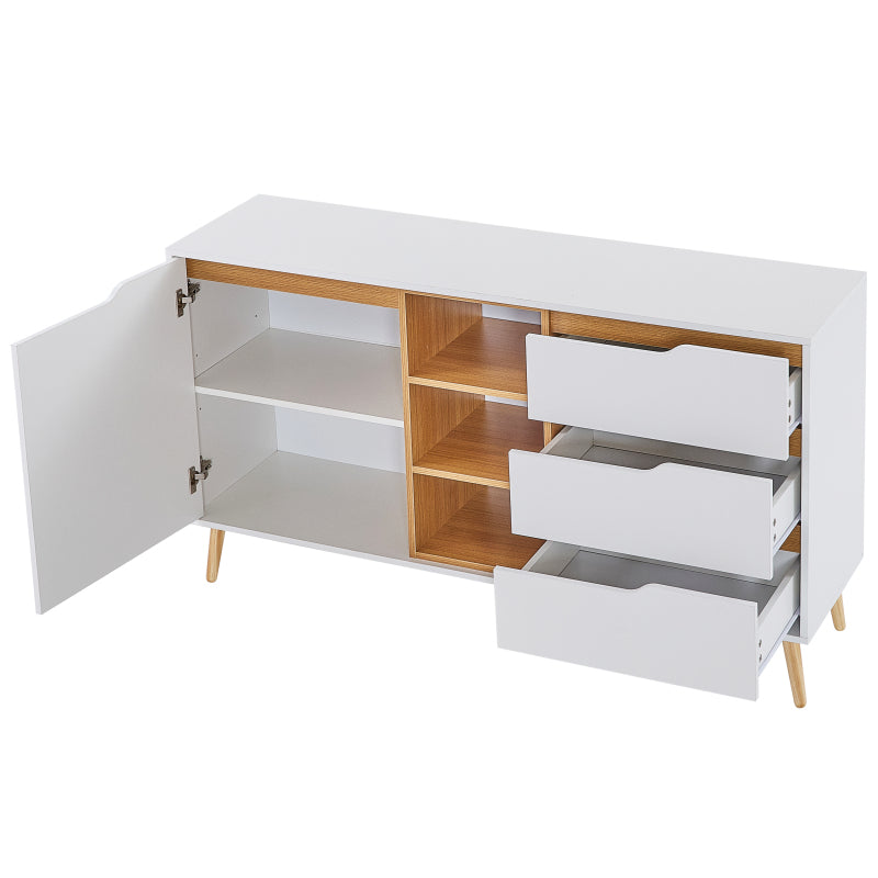 Modernes weißes Sideboard mit Einlegeböden, 3 Schubladen und offenem Stauraum, mit Kippschutz-Design – geeignet für Küche, Esszimmer und Wohnzimmer