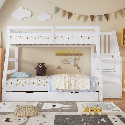 Etagenbett mit Rollbett, Kinderbett mit Leiterschrank und Handlauf, mit Fallschutzgitter an allen Seiten, Kiefer+MDF, Weiß, 90x190CM Rollbett, 90/120x200CM