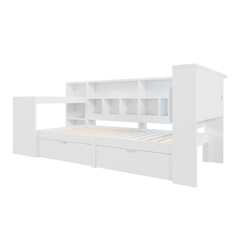 90x200 L-förmiges Holz-Plattformbett mit Schreibtisch und Bücherregal, Eck-Kapitänsbett mit gepolstertem Kopfteil, Schubladen unter dem Bett, LED-Licht - Weiß