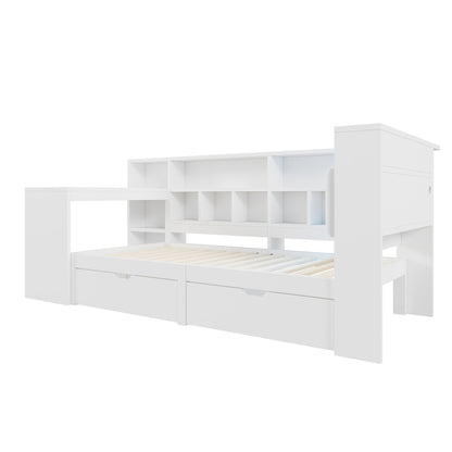 90x200 L-förmiges Holz-Plattformbett mit Schreibtisch und Bücherregal, Eck-Kapitänsbett mit gepolstertem Kopfteil, Schubladen unter dem Bett, LED-Licht - Weiß