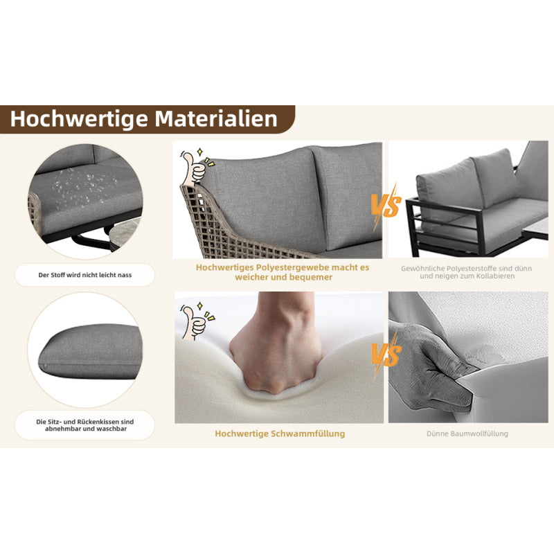 Gartenmöbel-Set für 6-7 Personen, Outdoor-Lounge-Set, Rattan-Handwerk, mit zwei Tischen, mit verzinktem Eisengestell, verstellbare Beine, inklusive aller Sitz- und Rückenkissen, grau