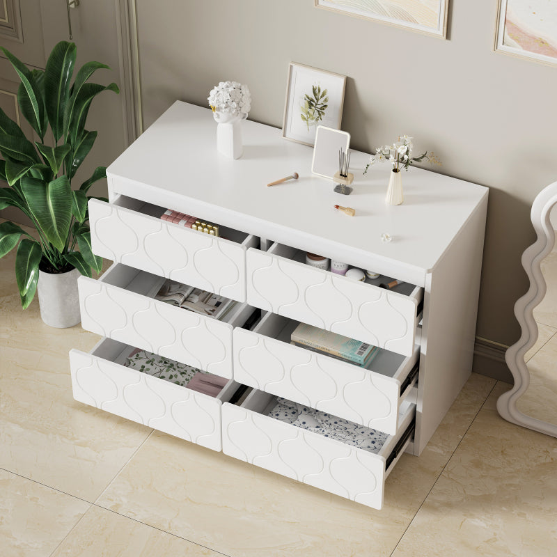 Kommode mit 6 Schubladen, Flurschrank, für Wohnzimmer, Bad und Schlafzimmer, Wellenmuster, lackiert, stoßfestes Eckdesign, 6 Fächer, 110 B x 40 T x 72 H, weiß