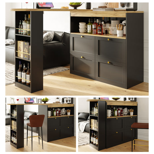 Um 360° drehbarer Bartisch (Hauptkörper 105 x 39 x 102 cm), mit 4 Schubladen und offenen Ablagen, geeignet für Esszimmer/Arbeitszimmer/Wohnzimmer usw