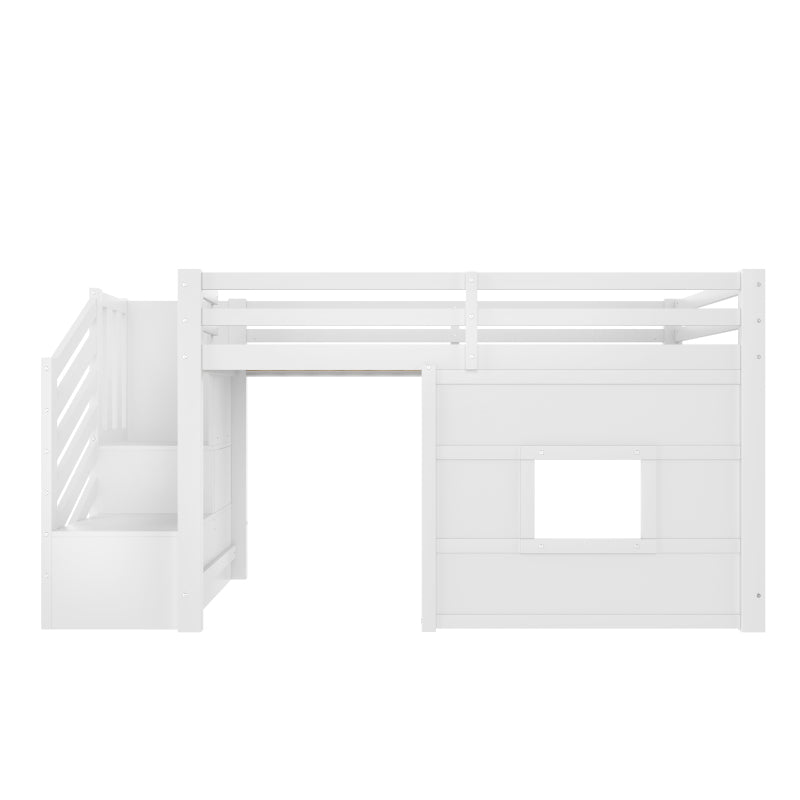 90x200 Hochbett mit Stauraumtreppe und Fenster, Weiß