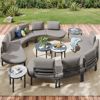 Gartenmöbel-Set (10 Sitzplätze), 4 Couchtische aus gehärtetem Glas, verzinkter Eisenrahmen, bequeme Gartenmöbel mit grauen Sitzpolstern und Kissen, verstellbare Beine, elegantes rundes Sofa