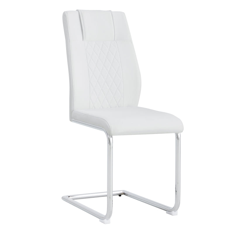 Nordischer Stil weißer PU Stuhl (vier Säcke in einem Paket) - Rückenlehne mit diamantförmigem Gitternähtdesign, glänzende silberne Metallbeine