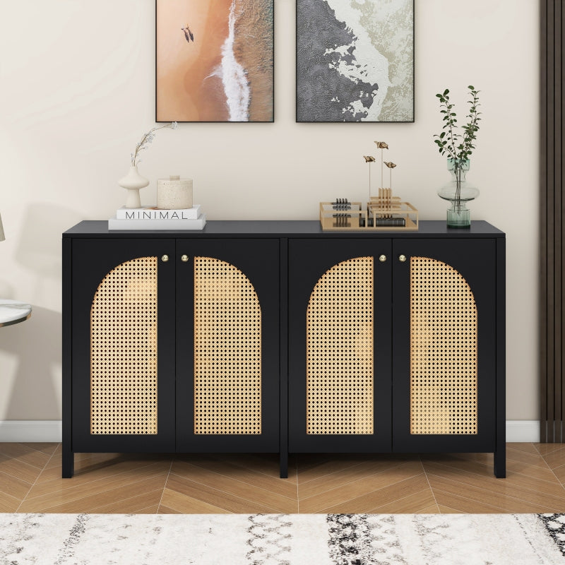 Modernes Sideboard im minimalistischen Stil 4-Rattantür, Metallgriff einfaches Buffetschrank für Esszimmer, Wohnzimmer, Küche (Schwarz)