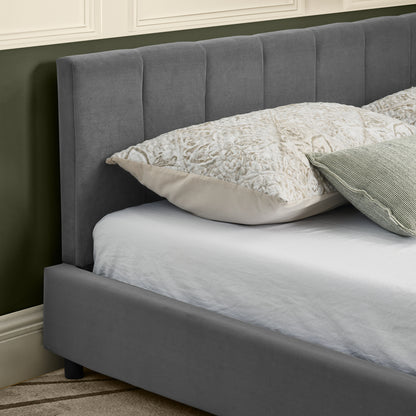 Doppelbett 160×200 cm aus Samt mit hoher Rückenlehne, stabiles Bettgestell aus Holz & Metall, ideal für Schlafzimmer & Familienzimmer, Gray (ohne Matratze)