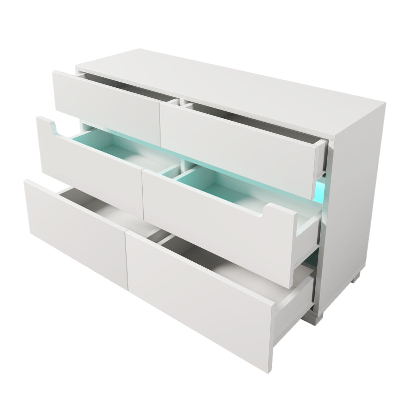 Kommode, Sideboard Holz mit 6 Schubladen, LED Beleuchtung (App Control), Mehrzweckschrank für Wohnzimmer und Schlafzimmer, 71 x 120 x 40 cm, Weiß