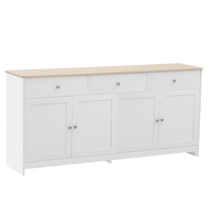 Sideboard mit weißer Holzmaserung, vier Türen, mit drei Schubladen, Wohnzimmer, Esszimmer. Holzfarbe und Weiß