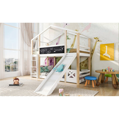 Kinderbett Baumhaus mit Rutsche & Leiter 90 x 200 cm, Hochbett für Kinder– 2x Lattenrost- Natur & Weiß