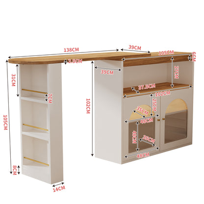 Bartisch ausziehbar 138-193cm, 360° drehbarer Stehtisch mit LED & Glasfront, Bistrotisch mit Regal, Esstisch mit Stauraum, Weiß