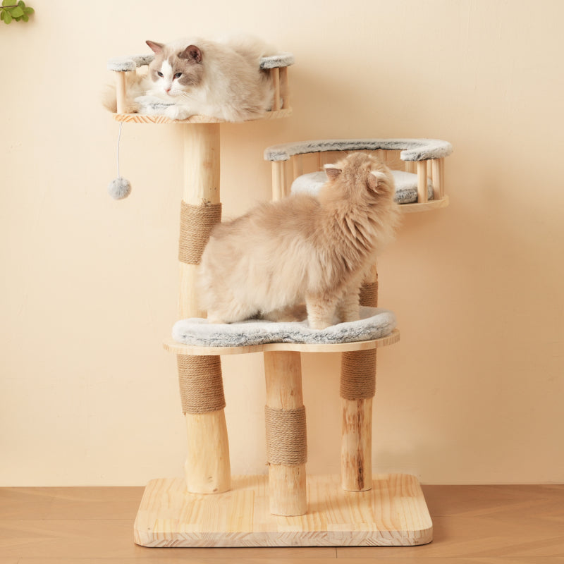 Designer Katzenklettergerüst aus Massivholz - 98 cm hoch, 3-stufiges Sprungbrett, abnehmbare Kissen und Spielbälle, Wolkenoptik-Imitation