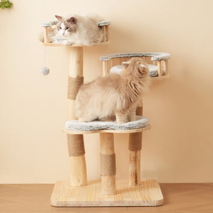 Designer Katzenklettergerüst aus Massivholz - 98 cm hoch, 3-stufiges Sprungbrett, abnehmbare Kissen und Spielbälle, Wolkenoptik-Imitation