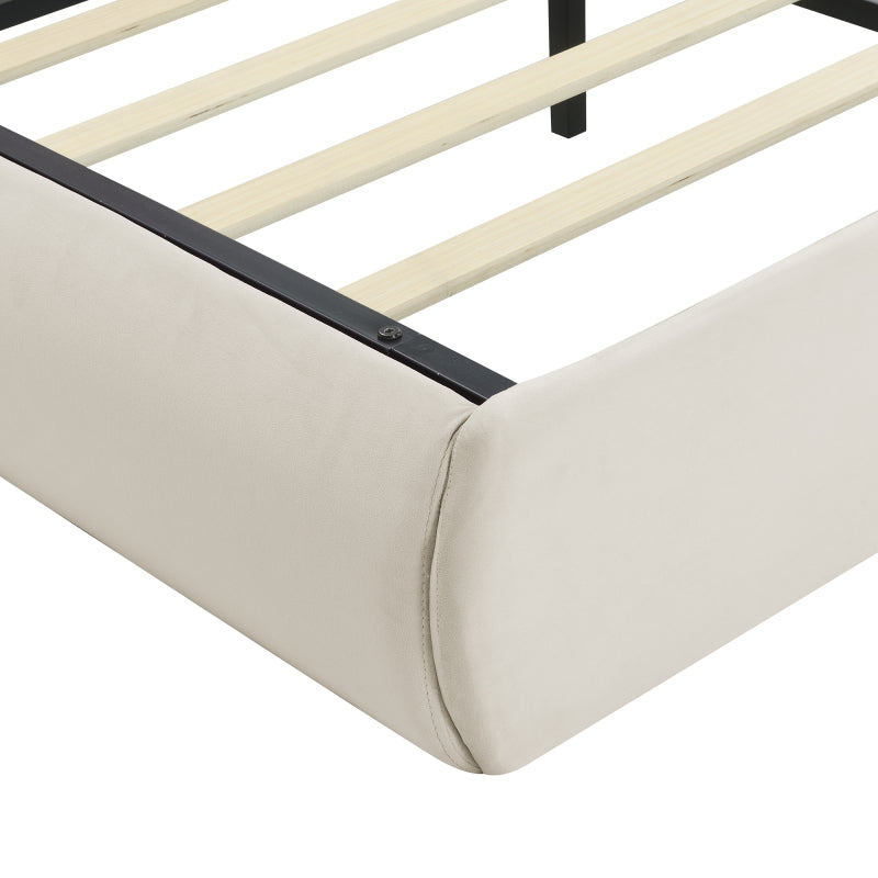 Polsterbett, Doppelbett, hydraulisches Bett, Hasenohren mit einstellbarer Helligkeit warmfarbenen Lichtstreifen, Stauraum unter dem Bett, zwei Aufbewahrungshockern, Samt, Beige, 140x200cm
