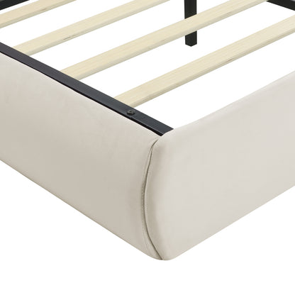 Polsterbett, Doppelbett, hydraulisches Bett, Hasenohren mit einstellbarer Helligkeit warmfarbenen Lichtstreifen, Stauraum unter dem Bett, zwei Aufbewahrungshockern, Samt, Beige, 140x200cm