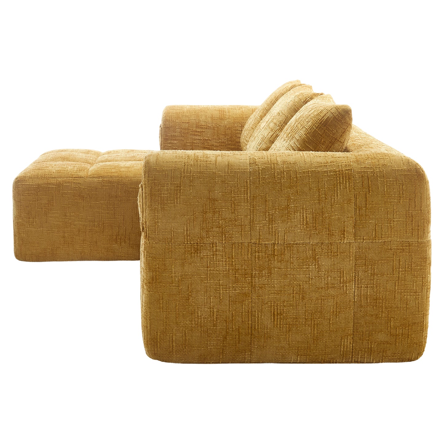 Modernes Sektionssofa, L-Sofa, 3-Sitzer-Sofa, keine Installation erforderlich, Chenille-Sofa mit Chaiselongue und Armlehnen, 3 Kissen, Seitentasche für Fernbedienung, Gelb