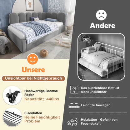 Polsterbett Daybett 90x200cm,Tagesbett Schlafsofa Kinderbett mit Ausziehbett 90x190cm und Lattenrost, Samt, Grau, ohne Matratze