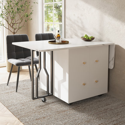 Tragbarer Esstisch, klappbare Tischplatte, marmorierte Tischplatte, geeignet für Esszimmer, Wohnzimmer, verstellbare Trennwände, großes Staufach, 6 Rollen (2 feststellbar), schwarze Tischbeine