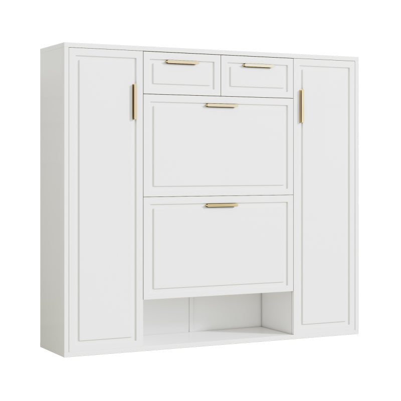 Moderne Schuhschrank, mit verstellbaren Regalen, goldenen Griffen, 2 Schubladen, Klappschuhschrank und 2 Türen, weiß