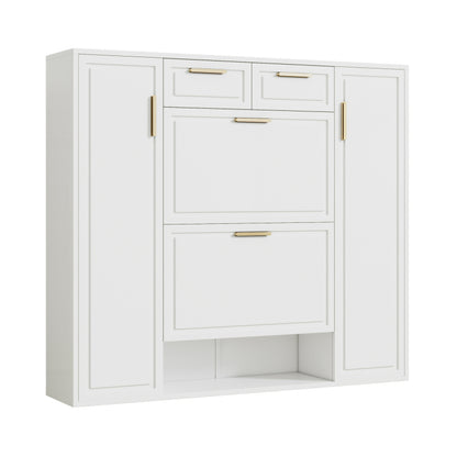 Moderne Schuhschrank, mit verstellbaren Regalen, goldenen Griffen, 2 Schubladen, Klappschuhschrank und 2 Türen, weiß