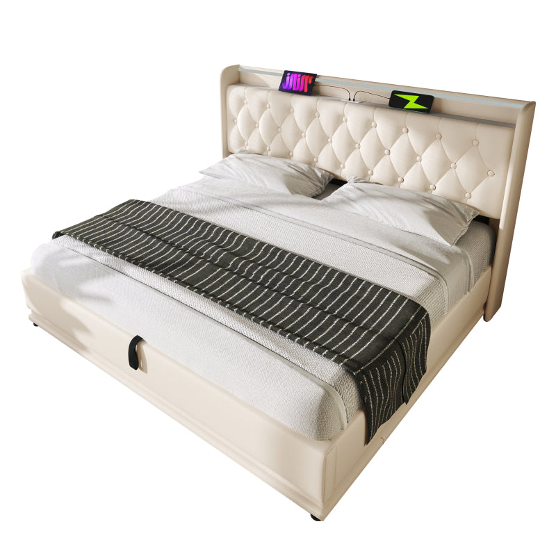 Polsterbett Doppelbett, 360-Surround-LED-Funktion, Drucktaste/App/Fernbedienung, 160*200 cm, weiß PU-Material Hydraulisches Lagerbett, gepolstertes Kopfteil mit USB Typ-C Ladefunktion (Ohne Matratze)