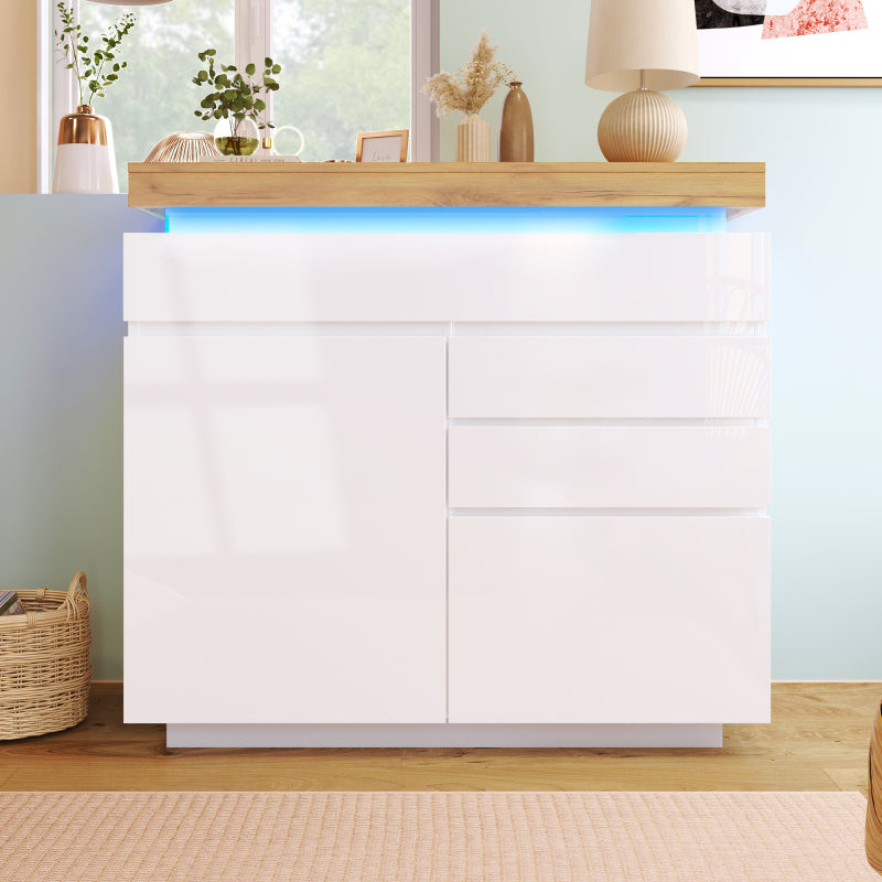 Kommode, Hochglanz Sideboard mit 2 Türen und 3 Schubladen, LED Beleuchtung (App Control), Mehrzweckschrank für Wohnzimmer und Schlafzimmer, 115 x 110 x 39 cm, Weiß