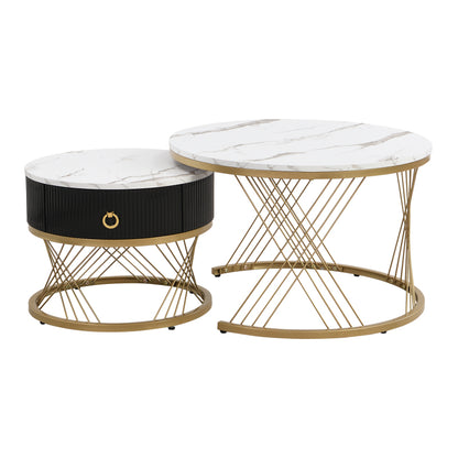 Eleganter zusammensetzbarer Couchtisch: Marmoroptik, Golddekor, Beistelltisch mit Schubladen – 2er-Set
