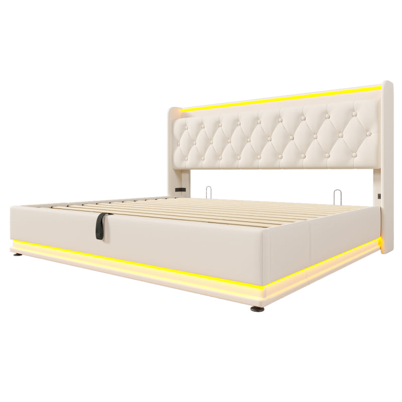 Polsterbett Doppelbett, 360-Surround-LED-Funktion, Drucktaste/App/Fernbedienung, 180*200 cm, weiß PU-Material Hydraulisches Lagerbett, gepolstertes Kopfteil mit USB Typ-C Ladefunktion (Ohne Matratze)