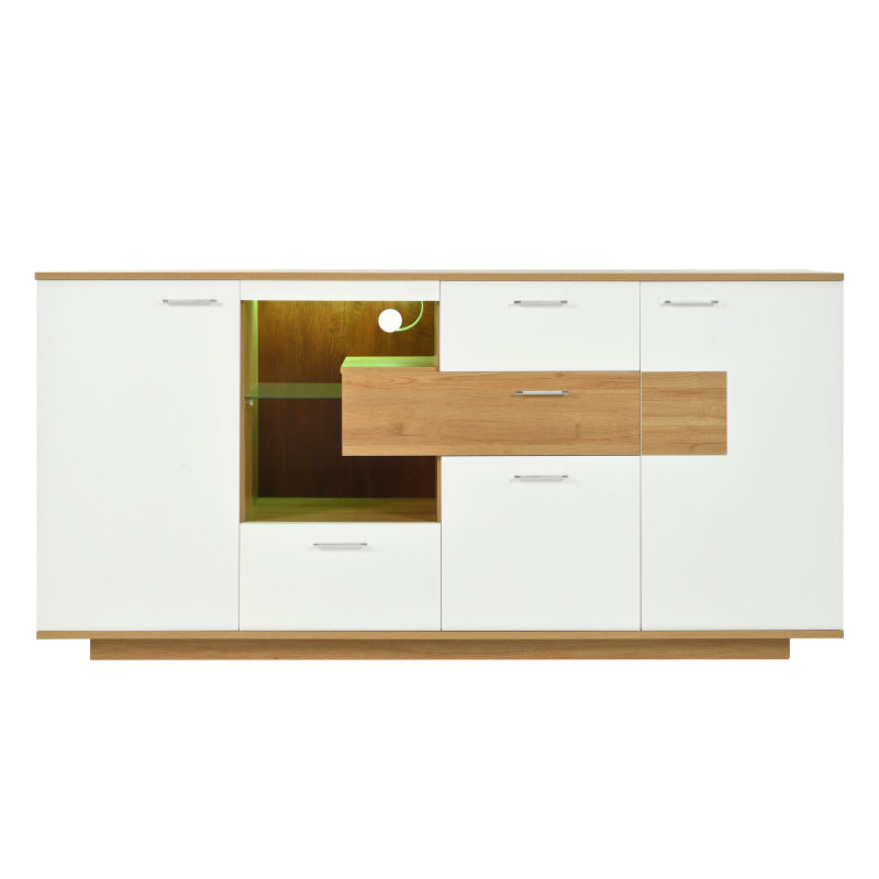 Modernes Sideboard-Schrank mit viel Stauraum, mit LED-Beleuchtung, 160x40x77cm, 2 Türen, 4 Schubladen, Glasablage, Holzoptik, Weiß,Wohnzimmermöbel, Organizer, Kommode, Mehrzweckschrank.