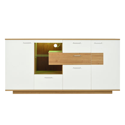 Modernes Sideboard-Schrank mit viel Stauraum, mit LED-Beleuchtung, 160x40x77cm, 2 Türen, 4 Schubladen, Glasablage, Holzoptik, Weiß,Wohnzimmermöbel, Organizer, Kommode, Mehrzweckschrank.