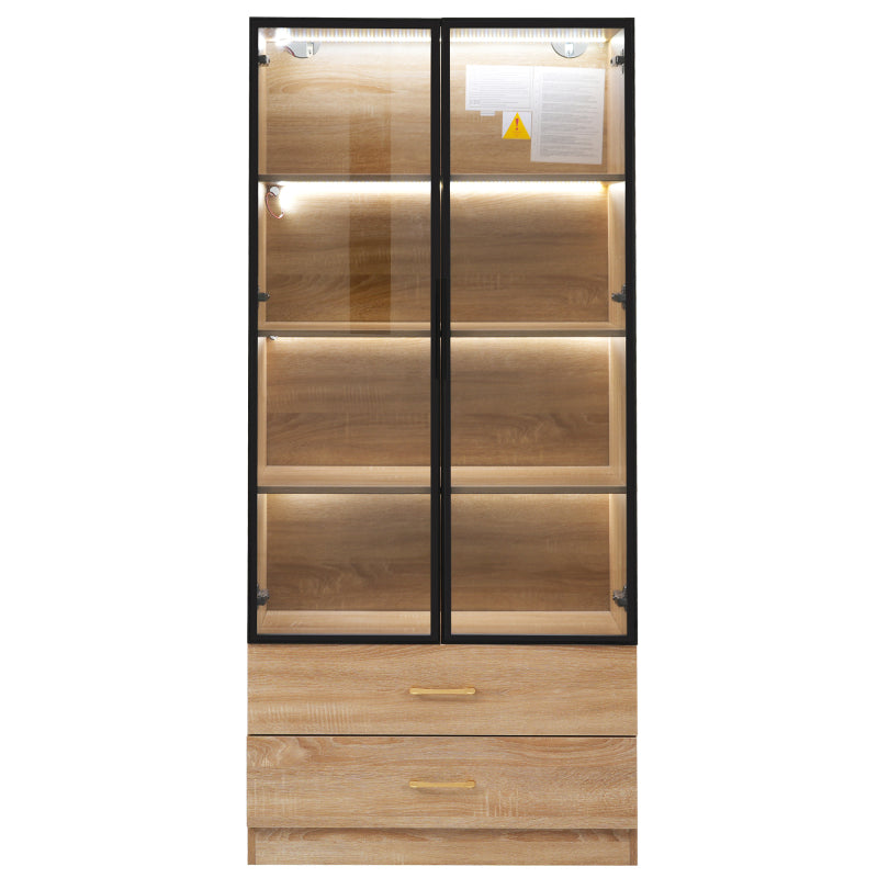 Badezimmerschrank, mittel, mit Lichtleiste, 75 cm breit, mit 2 großen Schubladen und 2 Türen, Glastür