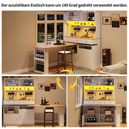 Küchenschrank 137x45x178cm hohes Küchenbuffet mit LED-App-Steuerung, Ausziehbarer Tischplatte & Stecktafel, Mehrzweckschrank MDF Weiß/Holz