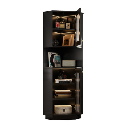 Badschrank mit Lichtleiste, Badmöbel, Eckschrank mit zwei Ablagefächern, offenes Fach mit verstellbaren Einlegeböden, 45x 45 x 166,5 cm, schwarz