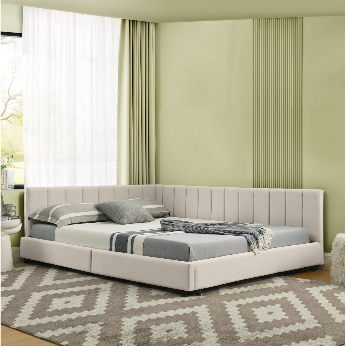 Doppelbett 140×200 cm aus Samt mit hoher Rückenlehne, stabiles Bettgestell aus Holz & Metall, ideal für Schlafzimmer & Gästezimmer, Beige (ohne Matratze)