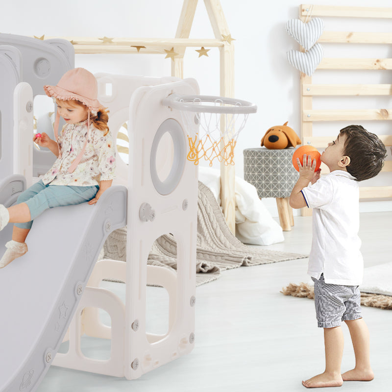 7-in-1-Rutsche für Kinder, bestehend aus Rutsche, Schaukel, Plattform, Unterschrank, Lochbohrspiel, Basketballkorb und Treppe - hochdichtes Polyethylen (Ozeanball nicht enthalten)