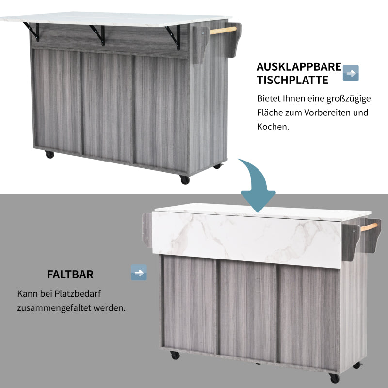 139x46(71)x91.5 cm großer Servierwagen/Beistellschrank, graues Massivholz-Furnier für den Korpus + weiße Marmor-Furnierdekoration für die Arbeitsplatte, Schrank/klappbare Arbeitsfläche/Stauraumtüren/r