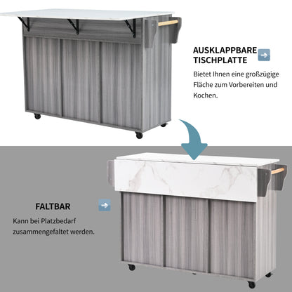 139x46(71)x91.5 cm großer Servierwagen/Beistellschrank, graues Massivholz-Furnier für den Korpus + weiße Marmor-Furnierdekoration für die Arbeitsplatte, Schrank/klappbare Arbeitsfläche/Stauraumtüren/r