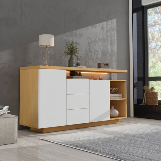 Multifunktionales Sideboard, Länge 140 cm, weiß und Holzimitat - 2 Türen, 3 Schubladen, 2 offene Fächer, mit LED-Beleuchtung