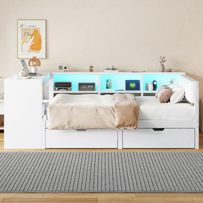 140x200 Holz-Plattformbett mit Ablageflächen, Schubladen, Ladestation und gepolstertem Kopfteil, Mit bunten LED-Leuchten, Weiß