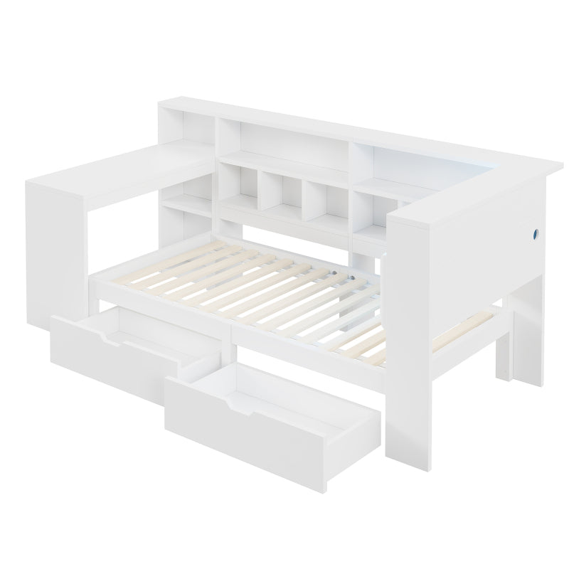 90x200 L-förmiges Holz-Plattformbett mit Schreibtisch und Bücherregal, Eck-Kapitänsbett mit gepolstertem Kopfteil, Schubladen unter dem Bett, LED-Licht - Weiß