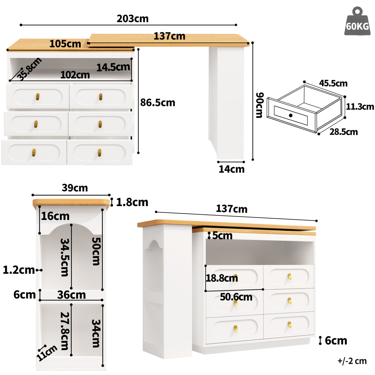 Bartisch ausziehbar 138-203cm, 360° drehbarer Stehtisch mit 6 Schubladen & Snack-Regal, moderner Küchentisch, Schreibtisch & Bar, Weiß