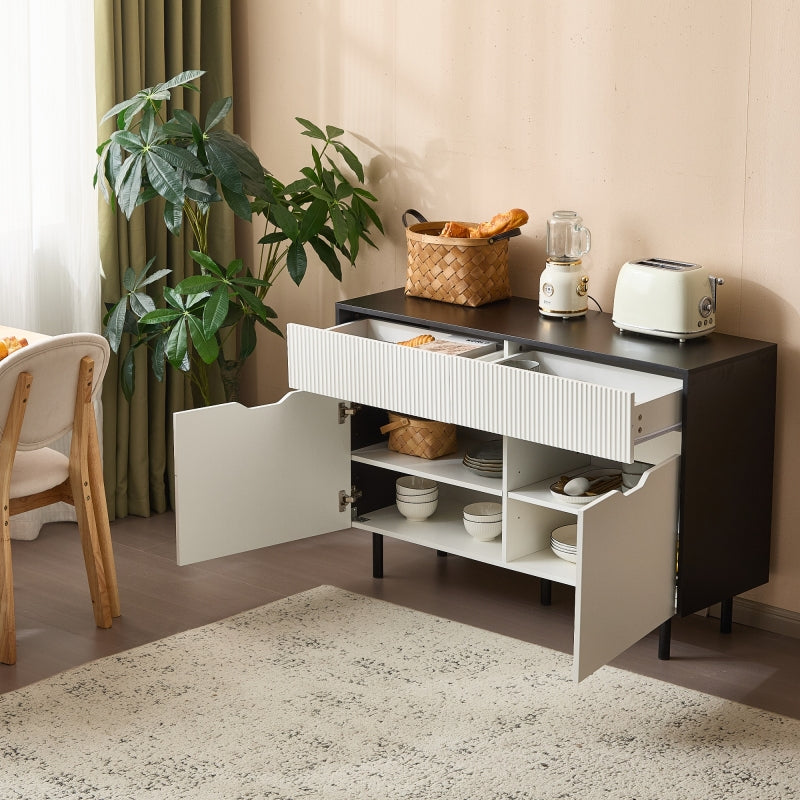Aufbewahrungsschrank 120cm mit geriffelten Schubladen, schwarz-weißes Design, verstellbare Einlegeböden, 2 Türen, Sideboard-Buffet, Schrank-Organisator für Küche, Wohnzimmer, Esszimmer